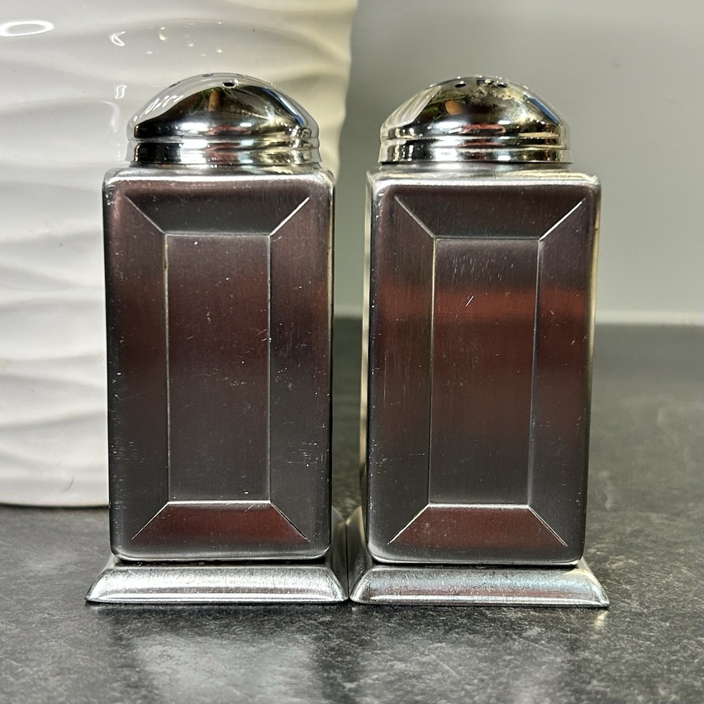 Vintage AMCO MCM Stainless Steel Square Salt & Pepper Shakers 3.5" VERY HTF